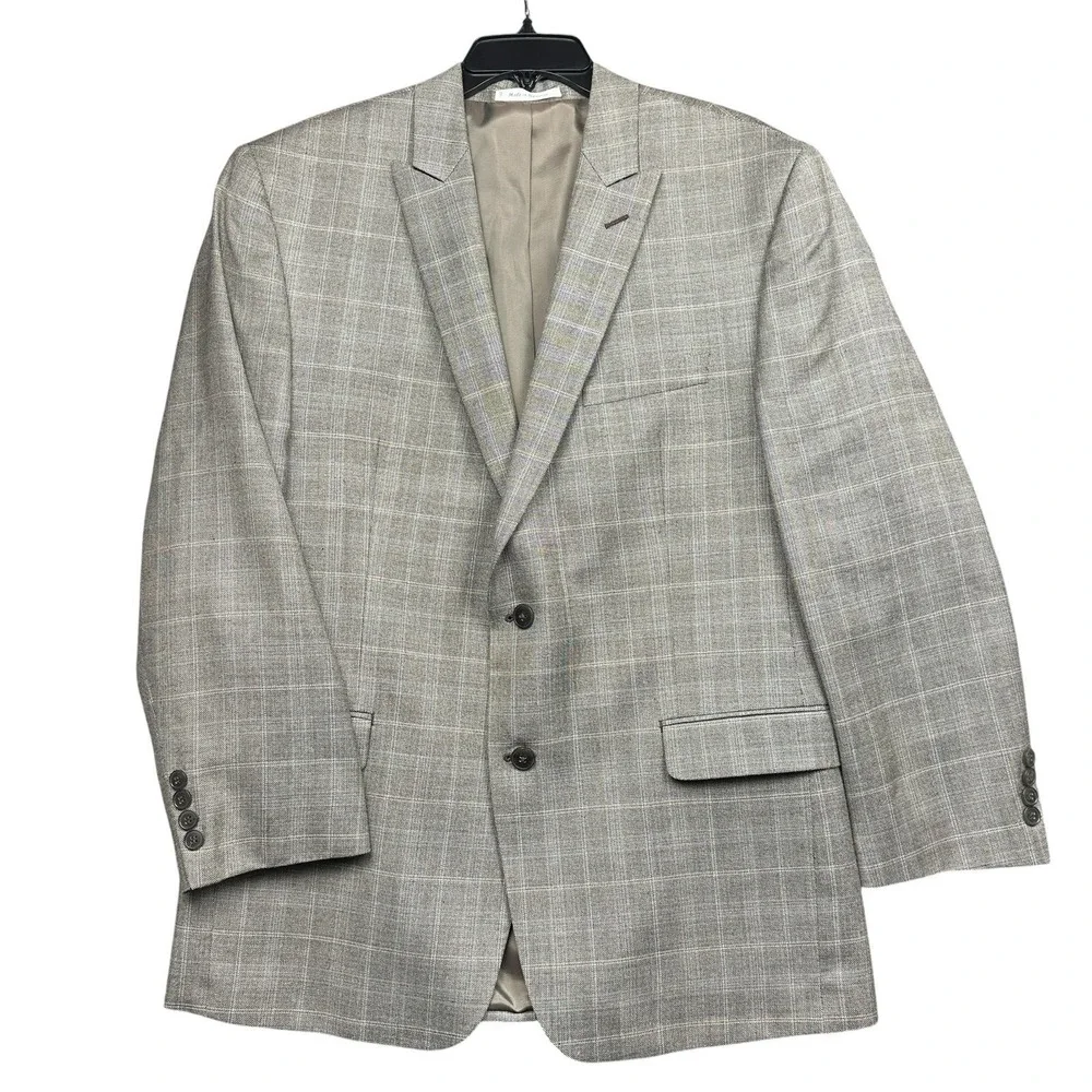 Calvin Klein Blazer Jacket Sport Coat Men's 42R Silk Wool Plaid Tan Gray Glen